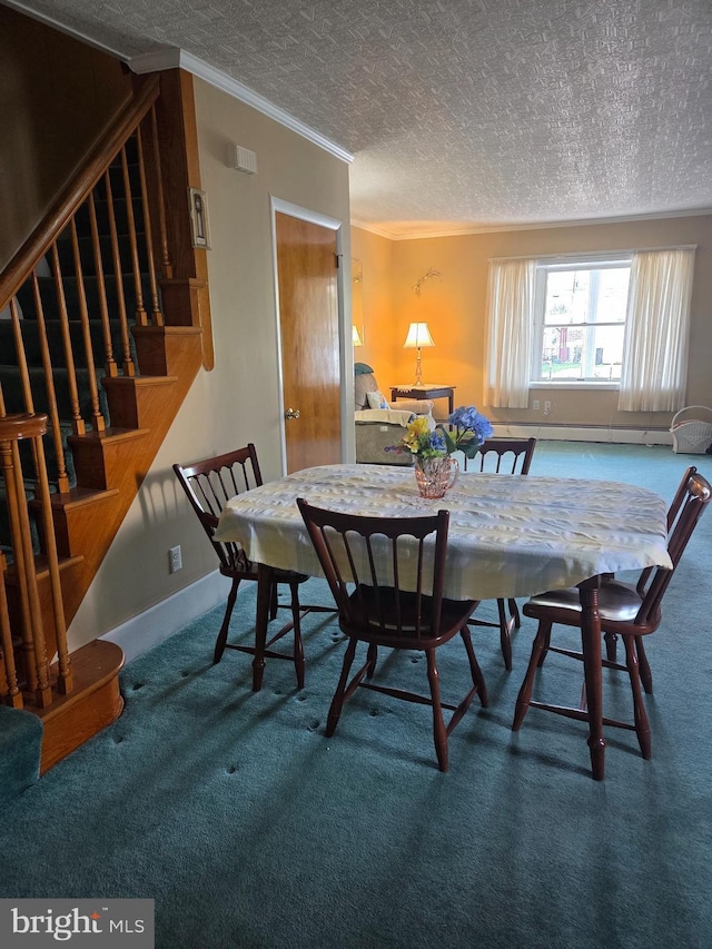 dining space with carpet flooring, a textured ceiling, stairs, and ornamental molding