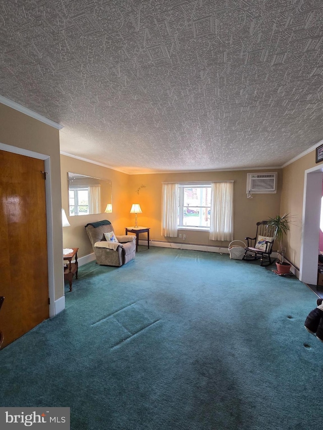 unfurnished room featuring crown molding, a wall mounted air conditioner, carpet floors, and a baseboard heating unit