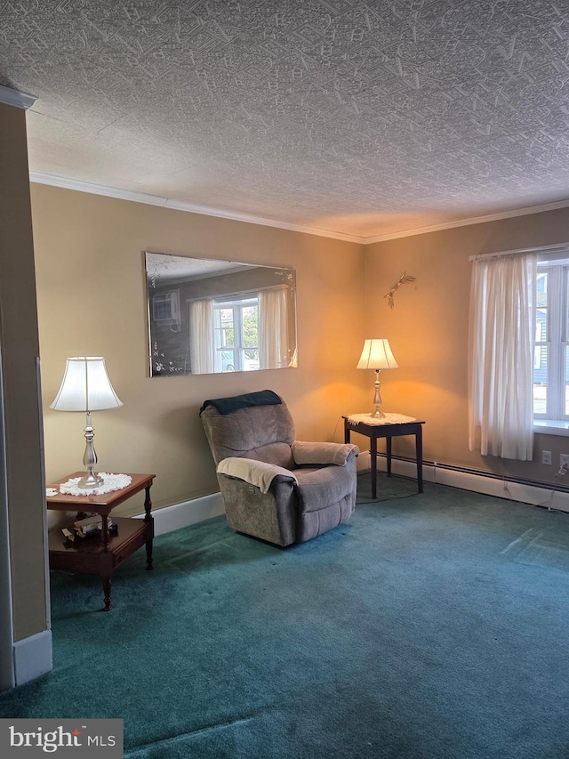 sitting room featuring crown molding, carpet flooring, baseboards, and baseboard heating