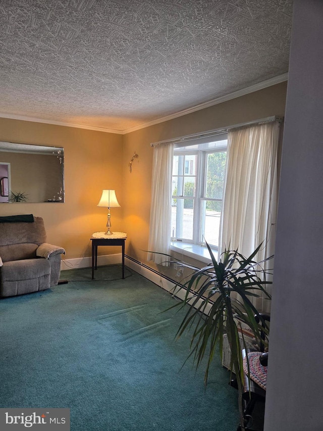 living area featuring carpet floors, ornamental molding, baseboards, and a textured ceiling