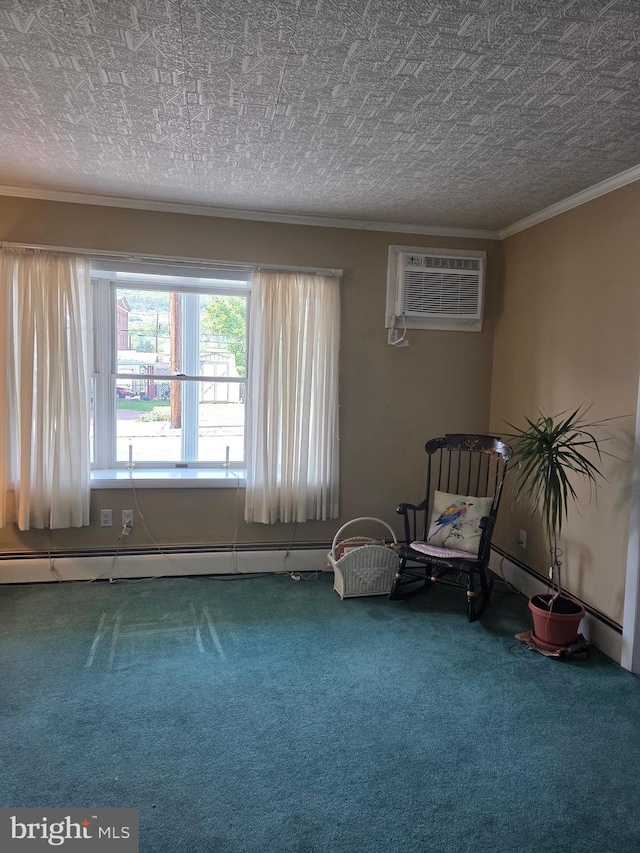 unfurnished room with an AC wall unit, ornamental molding, carpet, and a baseboard heating unit