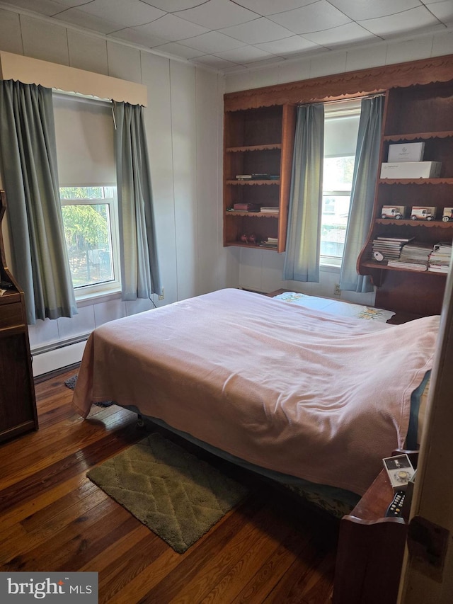 bedroom featuring a baseboard heating unit, multiple windows, and wood finished floors