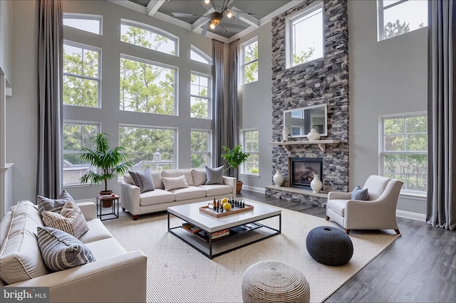 30780 Lindell Ln, Frankford, DE 19945 - living room with a high ceiling, a healthy amount of sunlight, and a fireplace