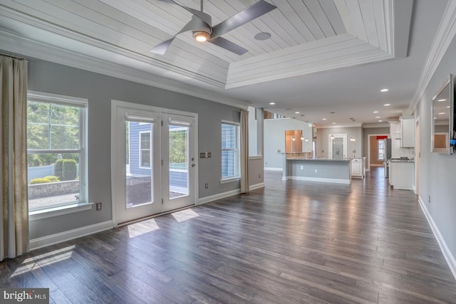 30780 Lindell Ln, Frankford, DE 19945 - unfurnished living room with a ceiling fan, dark wood finished floors, and ornamental molding