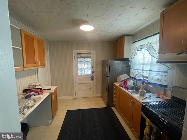 kitchen featuring open shelves, a sink, appliances with stainless steel finishes, light countertops, and under cabinet range hood