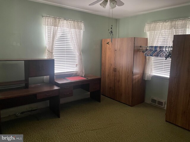 office space featuring a wealth of natural light, visible vents, a ceiling fan, and carpet flooring