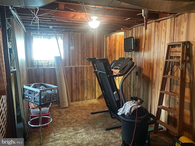 exercise room with carpet and wooden walls