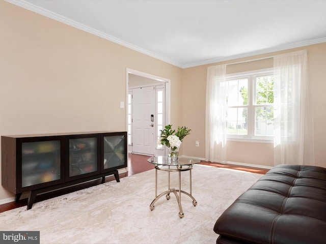 2322 Golden Chapel Rd, Odenton, MD 21113 - living area featuring crown molding, baseboards, and wood finished floors