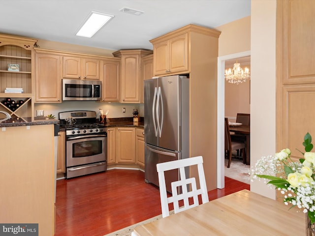2322 Golden Chapel Rd, Odenton, MD 21113 - kitchen featuring an inviting chandelier, visible vents, light brown cabinets, dark wood finished floors, and stainless steel appliances