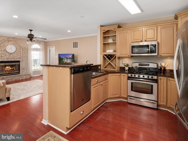 2322 Golden Chapel Rd, Odenton, MD 21113 - kitchen featuring dark wood-style flooring, light brown cabinets, stainless steel appliances, open floor plan, and a peninsula