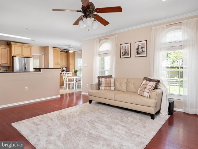 2322 Golden Chapel Rd, Odenton, MD 21113 - living area featuring baseboards, ornamental molding, a ceiling fan, and dark wood-type flooring