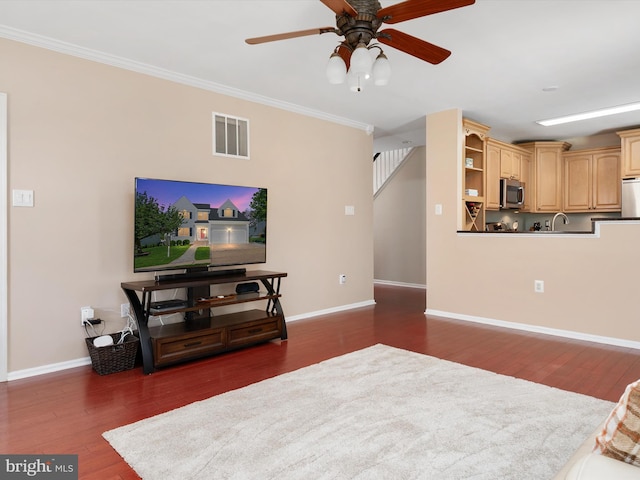 2322 Golden Chapel Rd, Odenton, MD 21113 - living room featuring a ceiling fan, baseboards, visible vents, and dark wood-type flooring