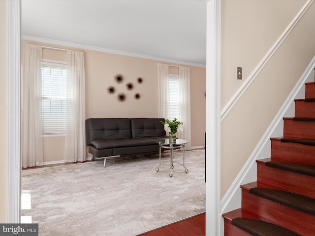 2322 Golden Chapel Rd, Odenton, MD 21113 - stairway featuring crown molding, baseboards, and carpet flooring