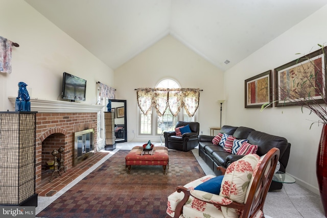 carpeted living area featuring a brick fireplace, visible vents, vaulted ceiling, and baseboards