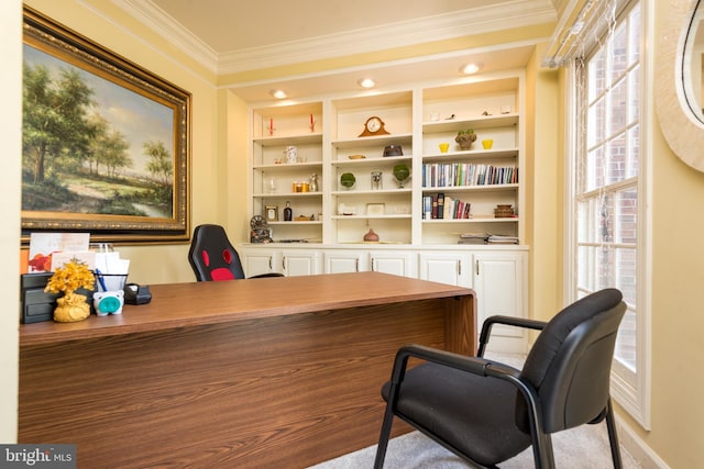 home office with crown molding and a healthy amount of sunlight