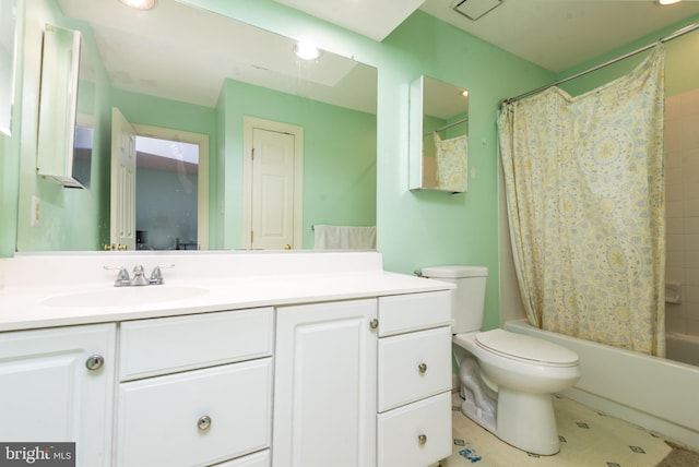 bathroom with toilet, tile patterned floors, shower / tub combo with curtain, and vanity