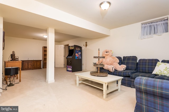 living room featuring light carpet