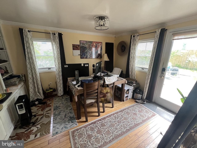 office space featuring ornamental molding, a healthy amount of sunlight, and hardwood / wood-style floors