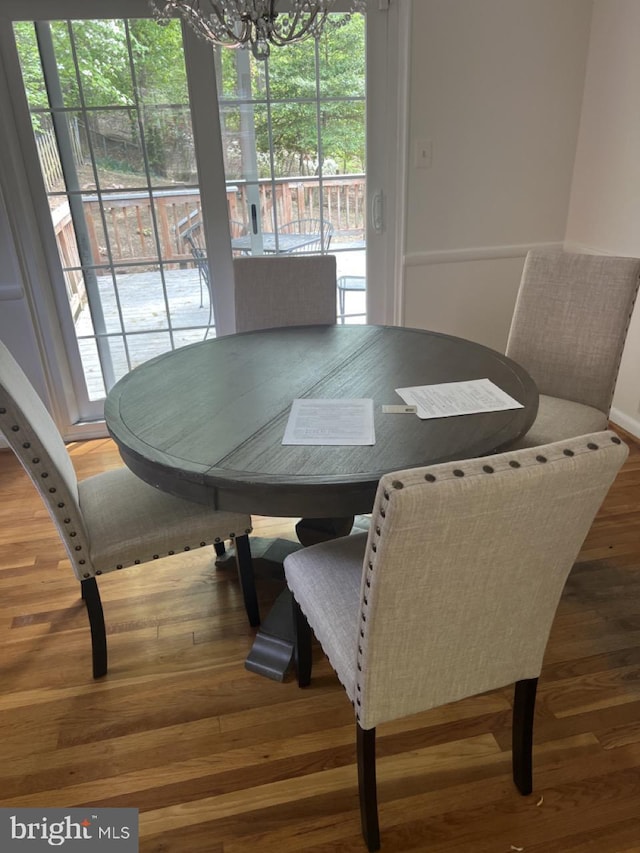 dining room with an inviting chandelier, a healthy amount of sunlight, and wood finished floors