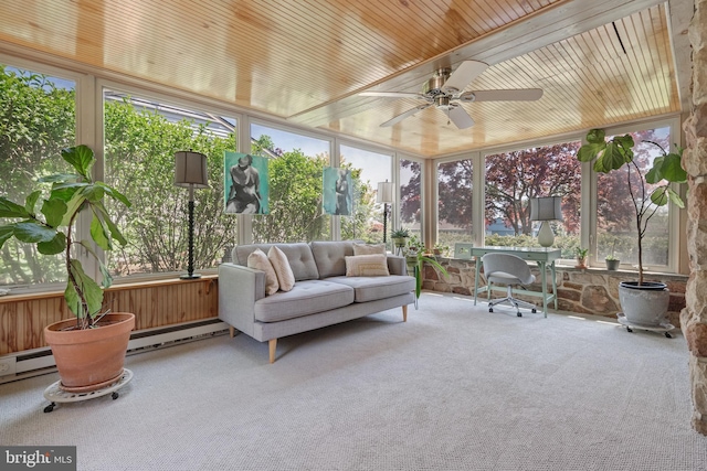 sunroom / solarium featuring carpet and wood ceiling