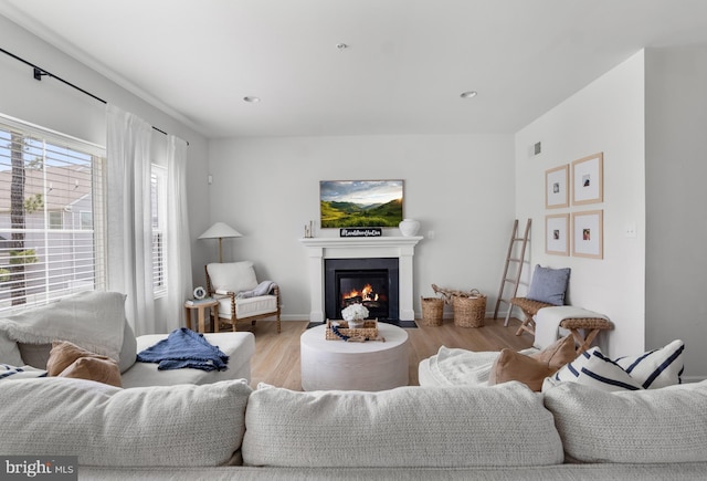 194 Cool Springs Road, North East, MD 21901 - living room featuring recessed lighting, light wood-style floors, a glass covered fireplace, baseboards, and visible vents