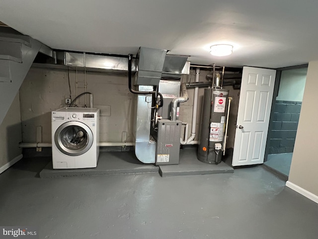 1948 Victory Dr, Baltimore, MD 21227 - unfinished basement featuring water heater, baseboards, heating unit, and washer / clothes dryer