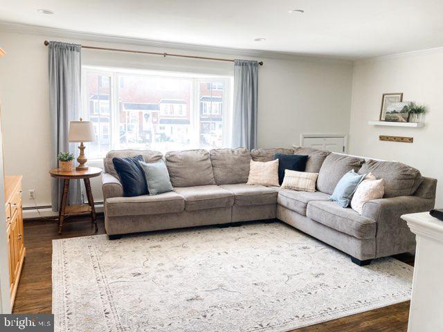 living area featuring ornamental molding and dark wood-type flooring
