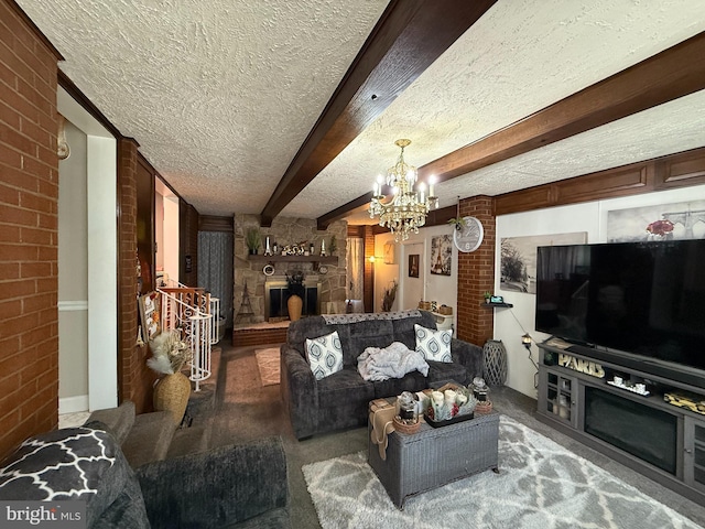 carpeted living room featuring a textured ceiling, beamed ceiling, stairway, a notable chandelier, and a stone fireplace
