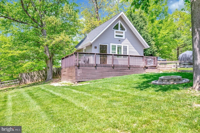 89 Cindys Way, Front Royal, VA 22630 - back of property with a yard, fence, a fire pit, and a wooden deck