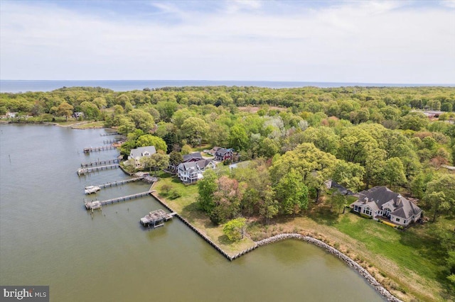 aerial view featuring a water view and a view of trees