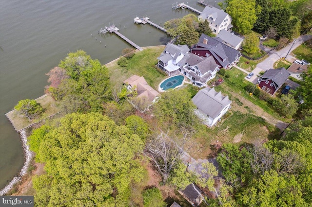 aerial view featuring a residential view and a water view
