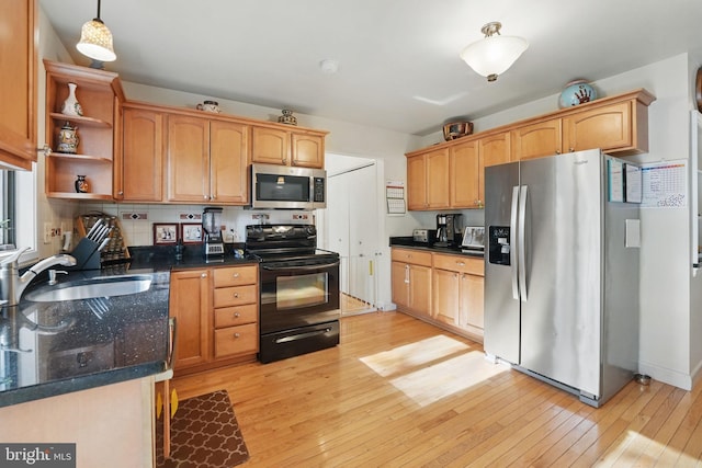 9601 Tinsmith Ln, Burke, VA 22015 - kitchen with open shelves, hanging light fixtures, a sink, stainless steel appliances, and light wood-type flooring