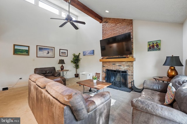 9601 Tinsmith Ln, Burke, VA 22015 - living area featuring a ceiling fan, a fireplace, baseboards, high vaulted ceiling, and carpet flooring
