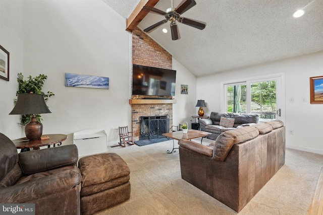 9601 Tinsmith Ln, Burke, VA 22015 - carpeted living area with ceiling fan, a fireplace, a textured ceiling, high vaulted ceiling, and baseboards