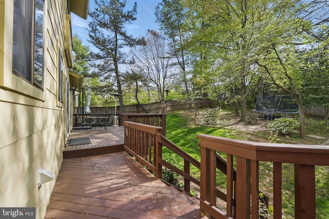 9601 Tinsmith Ln, Burke, VA 22015 - wooden deck with a fenced backyard, a trampoline, and a yard
