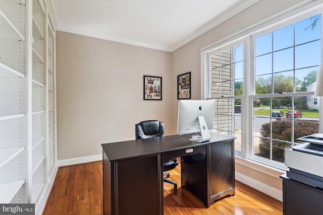 office with crown molding, light wood finished floors, and baseboards