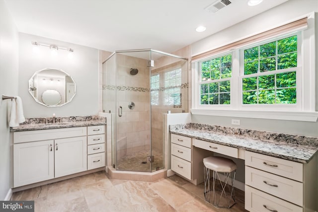 full bathroom featuring recessed lighting, marble finish floor, vanity, visible vents, and a stall shower