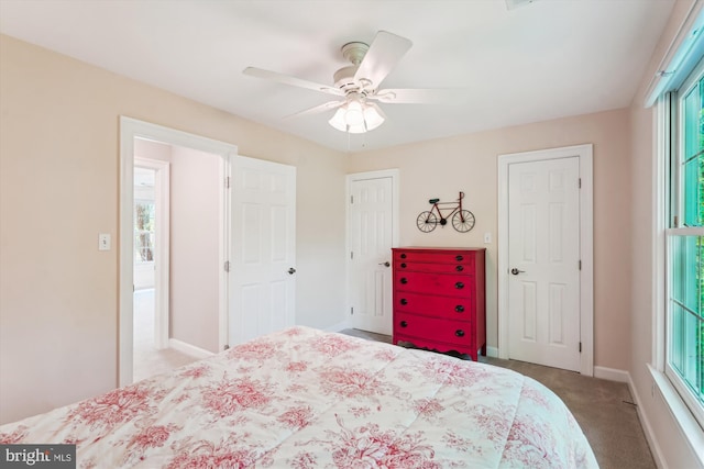 bedroom featuring carpet, ceiling fan, and baseboards