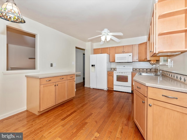 10924 Rawley Rd, New Market, MD 21774 - kitchen with white appliances, a sink, light wood-type flooring, light countertops, and ceiling fan