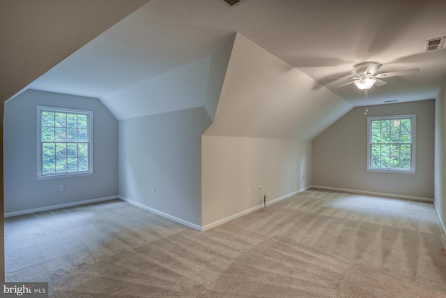additional living space with light carpet, vaulted ceiling, plenty of natural light, and baseboards