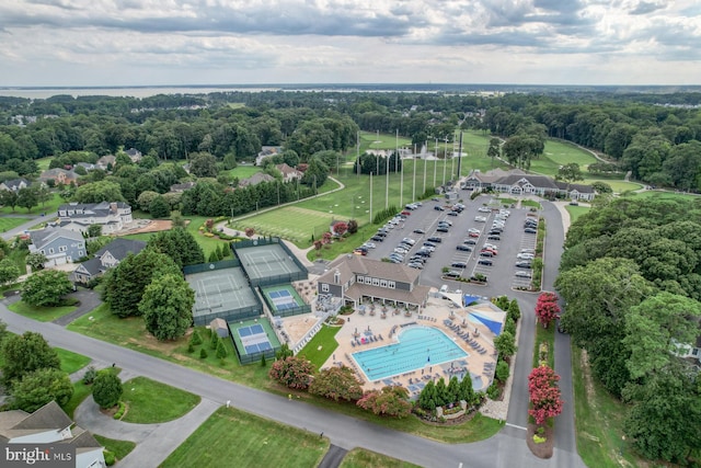 drone / aerial view of a pool