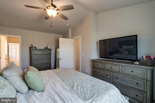 bedroom with ceiling fan and vaulted ceiling