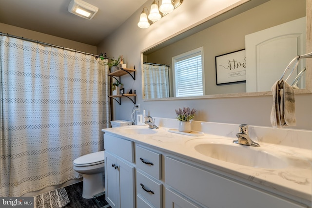 bathroom with double vanity, a sink, and toilet