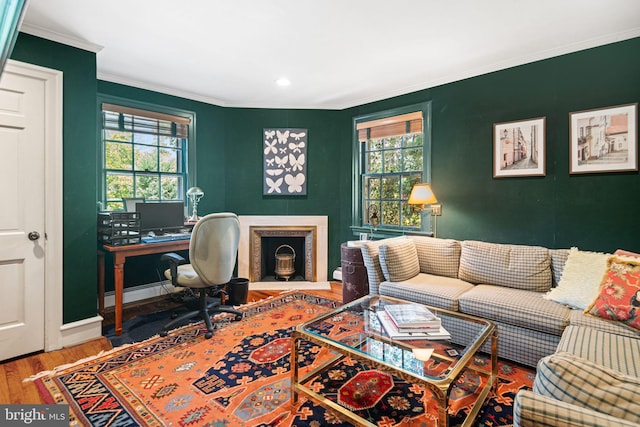 office space with wood finished floors, crown molding, healthy amount of natural light, baseboards, and recessed lighting