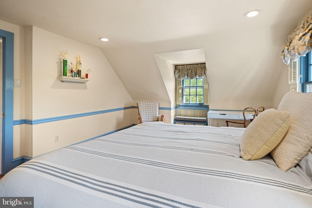 bedroom with recessed lighting and vaulted ceiling