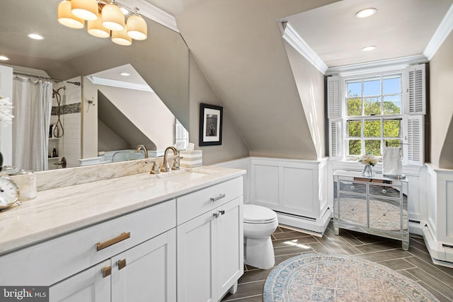full bathroom with crown molding, recessed lighting, toilet, a baseboard radiator, and a shower with shower curtain