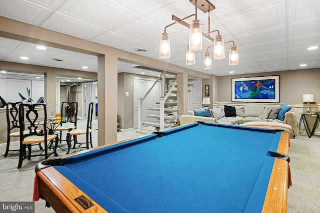 rec room with pool table, recessed lighting, and carpet floors