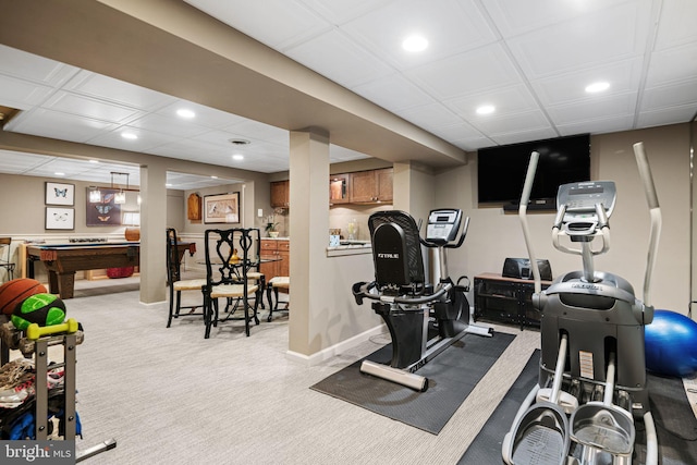 exercise area featuring recessed lighting, carpet floors, pool table, and baseboards