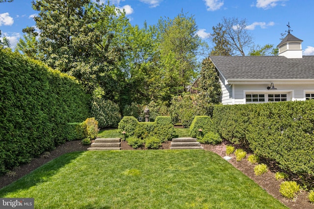 view of grassy yard with an attached garage