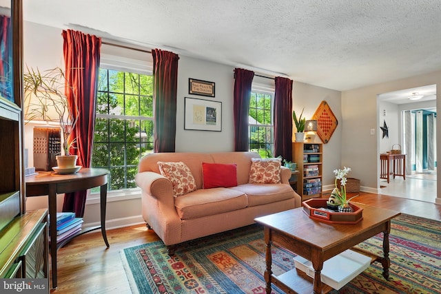 living room featuring baseboards, a textured ceiling, and wood finished floors